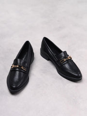 Black PU Gold Chain Detail Loafers