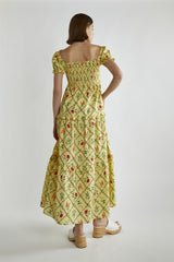 Yellow Floral-Lattice Scoop Neck Maxi-Dress