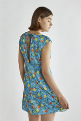 Blue Lemon-Print V-Neck Mini-Dress