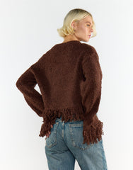 Chocolate Brown Fringe-Trim Long Sleeve-Jumper