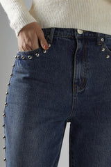 Dark-Stonewash Wide-Leg Studded-Jeans