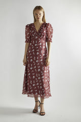 Burgundy-Floral Organza V-Neck Midaxi-Dress