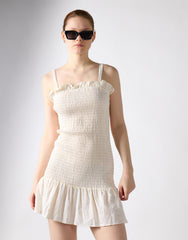 Frill Short Square Neck Dress - Off White
