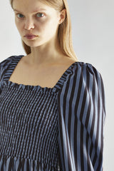 Blue-Black Stripe Shirred Midi-Dress