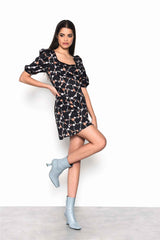 Chain Floral Round Neck Puff Sleeve Mini Dress