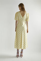 Yellow Ombre-Check A-Line Midi-Dress