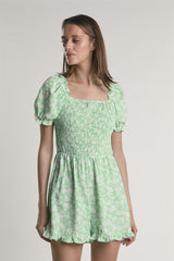 Green-Floral Square-Neck Short Sleeve-Playsuit