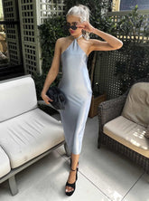 Steel Blue Halter Neck Bodycon Midi Dress