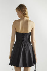 Black Cotton Bandeau Pleated Mini-Dress