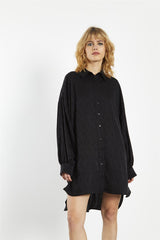 Black Satin-Jacquard Shirt-Dress