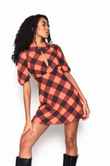 Orange Check Collared Puff Sleeve Mini Dress with Keyhole detail