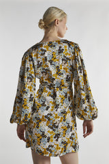 Mustard-Floral Wrap Mini-Dress
