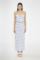Blue-Dot Vintage-Floral Bias-Cut Midi-Skir