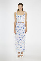 Blue-Dot Vintage-Floral Bias-Cut Midi-Skir