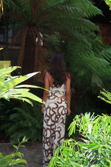 Natural-Brown-Swirl Split-Leg Maxi-Dress