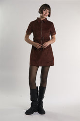 Rust-Corduroy Half-Sleeve Mini-Dress