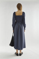 Blue-Black Stripe Shirred Midi-Dress