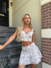 White Trellis Floral Half Pleated Mini-Skirt