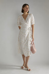 White Pink Ditsy V-neck Wrap Midi-Dress