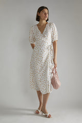 White Pink Ditsy V-neck Wrap Midi-Dress