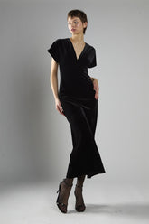 Black Velvet Short Sleeve V-Neck Maxi Dress