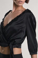 Black Satin-Crossover-Tie Crop-Top