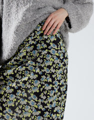 High-Waisted Long Skirt - Black Grey Flower