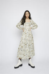 Stone-Sun-Moon Long-Puff-Sleeve-Button-Front Maxi-Dress