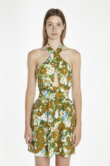 Large-Brown-Green-Floral Crossover-Halter-Neck-Rara- Mini-Dress