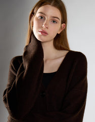 Khaki Brown V-Neck Cardigan With Pockets