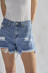 Authentic Mid Blue Ripped Denim Shorts