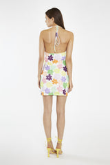 Multi-Flower Mesh Cowl Halterneck Mini-Dress