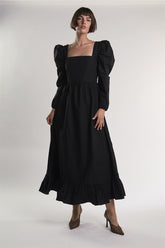 Black Puff-Long-Statement-Sleeve Maxi-Dress