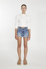 White High Neck Puff Shoulder Top