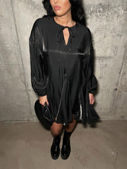 Black-Metallic Tie-Front Swing Mini-Dress