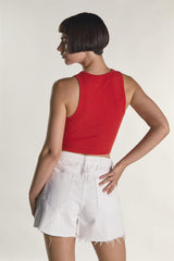 Red Sleeveless Ribbed Racerback Crop-Top