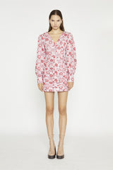 Pink Red Vintage Floral V-Neck Mini-Dress