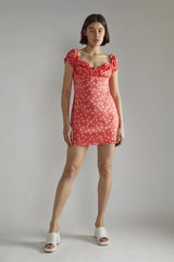 Coral-Pink Daisy Milkmaid Mini-Dress
