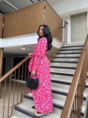 Neon Pink-Lilac Leopard Wrap-Tie Maxi-Dress