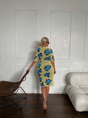 Yellow Blue Rose Bodycon Midi-Skirt