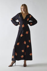 Black-Orange Flower V-neck Midi-Dress