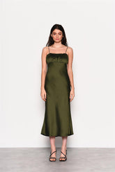 Forest Green Satin Open Tie Back Maxi Dress
