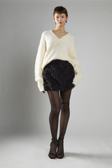 Black-3D-Flower Textured Mini-Skirts