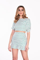 Pink Green Floral Square Puff Sleeve Crop Top