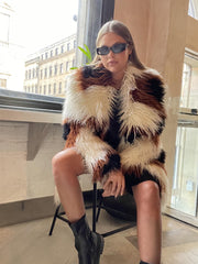Cream-Brown Spot Faux-Fur Coat