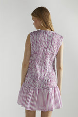 White Purple Stripe Shirred V-Neck Mini-Dress