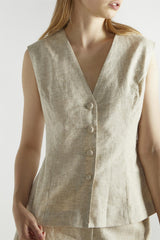 Natural Sleeveless Button Front Vest-Top