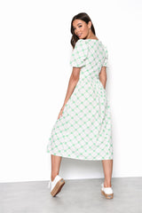 White-Green-Trellis Puff-Sleeve Midi-Dress
