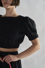 Black Puff-Sleeves Crop Tops