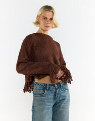Chocolate Brown Fringe-Trim Long Sleeve-Jumper